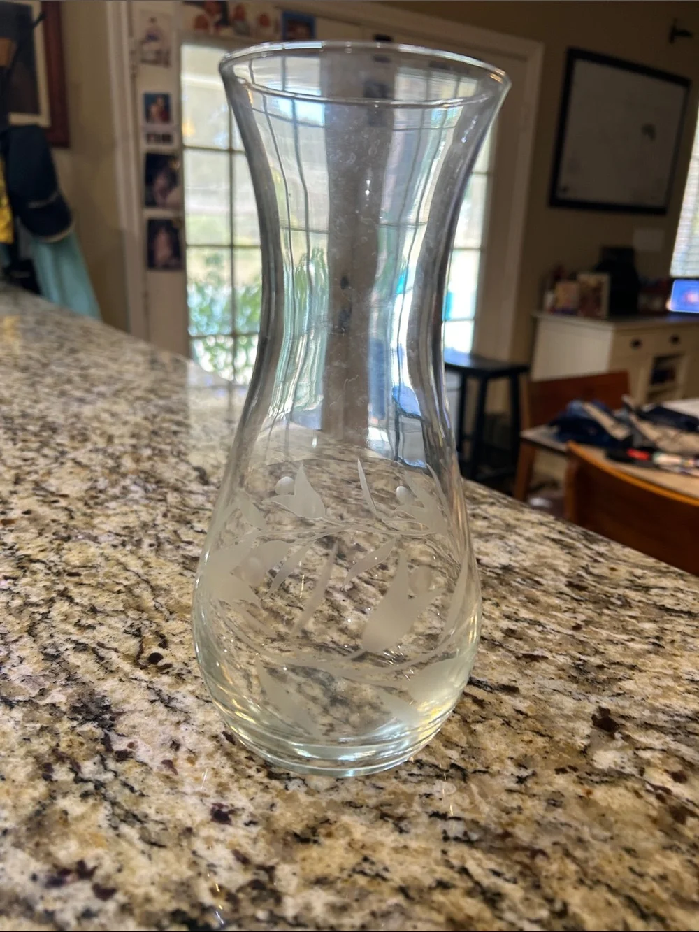 Etched Clear Glass Vase with Leaf Motif